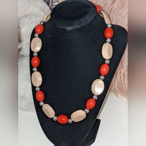 Ladies Vintage Orange, Tan & Silver Beaded 20" Necklace